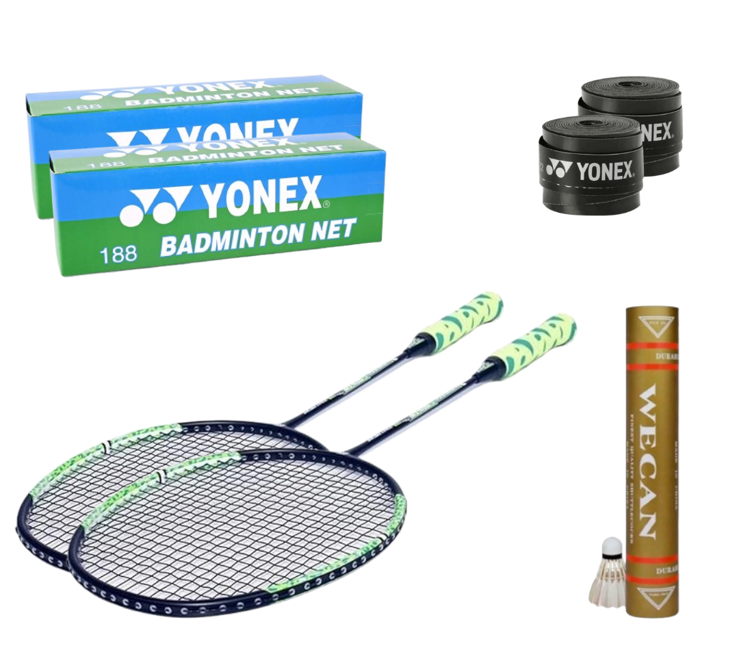 Branded Pair Of Badminton Rackets, Pack Of 12 Feather Shuttles, 1 Badminton Net, 2 Branded Rackets Grips